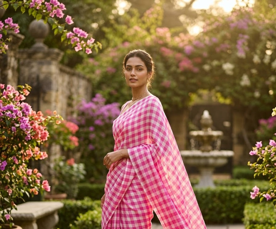 Model in a pink and white checked saree in a garden at golden hour