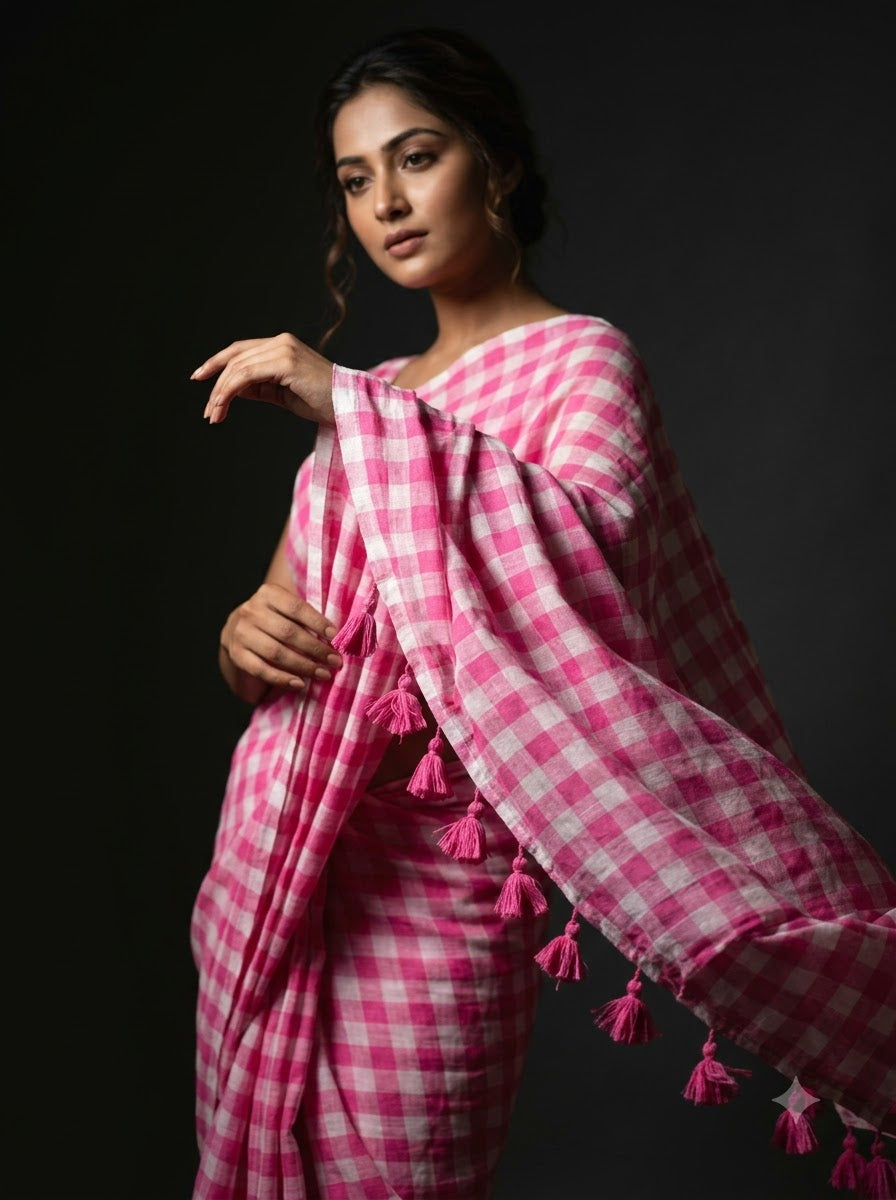 Pink and white checked mul cotton saree