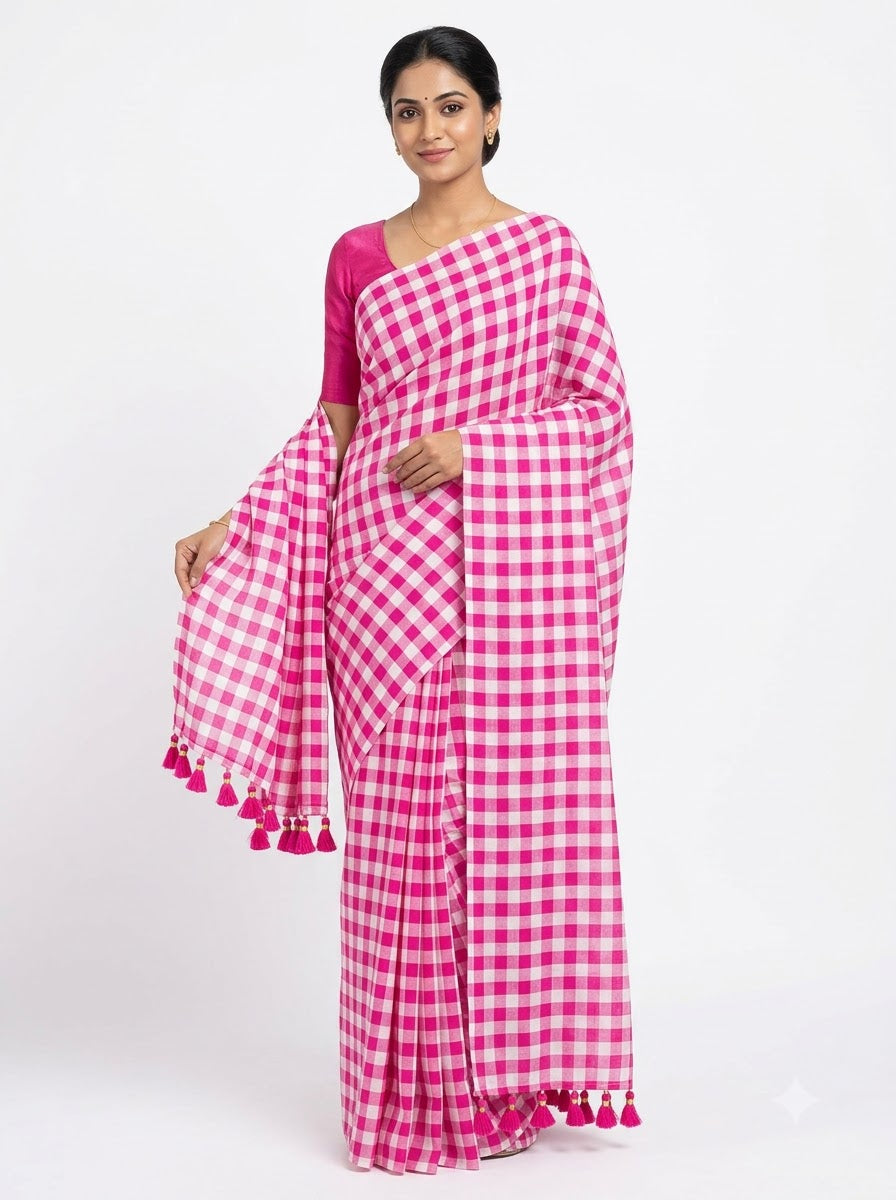 Pink and white checked mul cotton saree - back